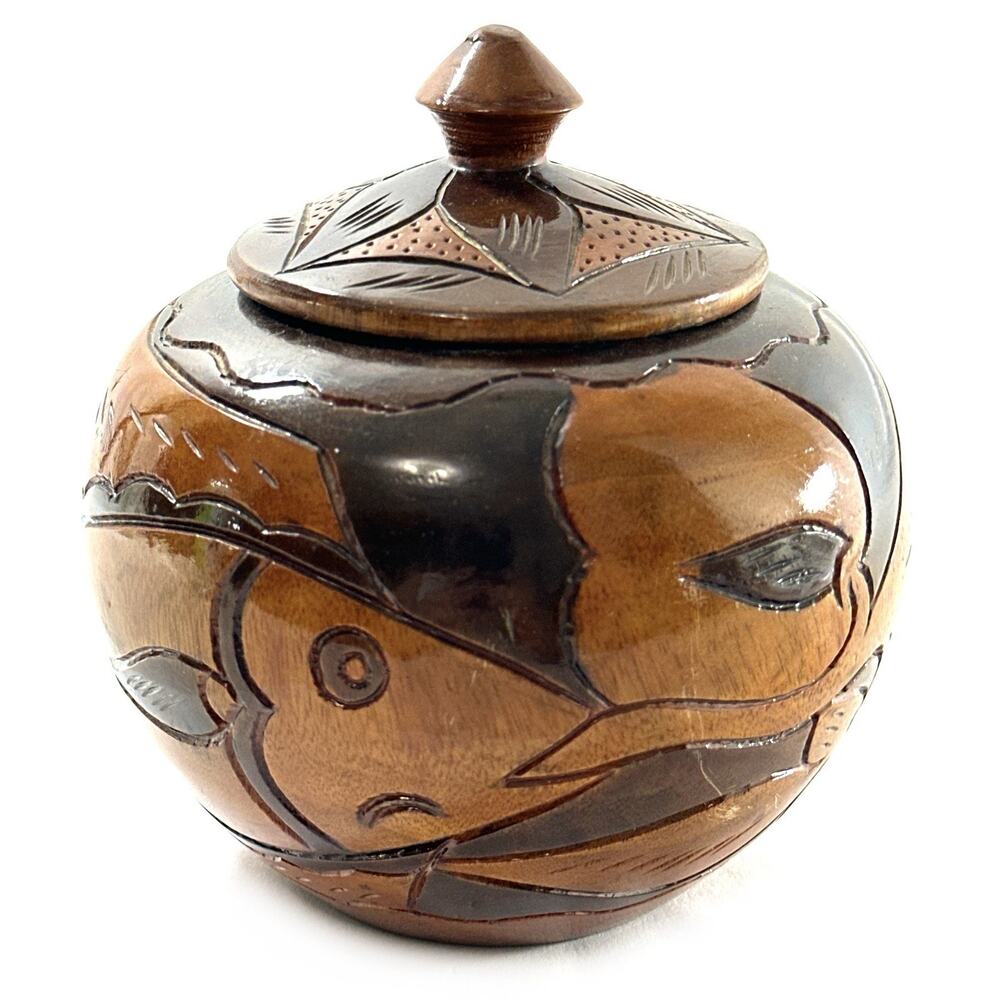 Hand Carved Teak Wood Lidded Jar Indonesian Folk Art Animal Motif Trinket Box 5” - Picture 4 of 9